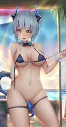 Rule 34 | 1girl, :d, absurdres, arknights, arm behind back, aurora, bad id, bad pixiv id, beach, bikini, binggong asylum, blue bikini, blue bow, blue bowtie, blue hair, blunt bangs, blush, bow, bowtie, breasts, collarbone, commentary request, contrapposto, covering privates, covering crotch, cowboy shot, day, detached collar, dragon girl, dragon horns, dragon tail, groin, highres, horns, large breasts, legs apart, liskarm (arknights), looking at viewer, medium breasts, navel, ocean, open mouth, outdoors, short hair, smile, solo, standing, stomach, swimsuit, tail, teeth, untied bikini, water, wrist cuffs, yellow eyes