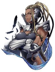 Rule 34 | 1girl, arm guards, armor, black leotard, breasts, brown eyes, cleavage, closed mouth, commission, crossed arms, dark-skinned female, dark skin, dreadlocks, facial mark, falling feathers, feathers, high ponytail, houjoh (7th-heaven), large breasts, leotard, long hair, looking to the side, master raven, muscular, muscular female, namco, ninja, ponytail, scar, shoulder armor, single sidelock, tekken, tekken 7, upper body, white background