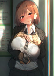 Rule 34 | 1girl, bad id, bad pixiv id, black bra, black jacket, black skirt, blazer, blurry, blurry background, blush, bra, bra visible through clothes, breasts, brown eyes, brown hair, brown sweater, buttons, closed mouth, clothes lift, collared shirt, commentary request, day, depth of field, grey necktie, hand up, head tilt, highres, holding, indoors, jacket, large breasts, lifting own clothes, long sleeves, looking at viewer, miniskirt, necktie, open clothes, open jacket, original, pleated skirt, rerrere, school uniform, see-through, shadow, shirt, shirt tucked in, short hair, sidelocks, skirt, sleeves past wrists, smile, solo, striped necktie, striped neckwear, sweater, sweater lift, underwear, upper body, white shirt, wing collar