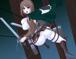 Rule 34 | 1girl, akamaru, ass, blade, boots, breasts, brown eyes, brown hair, cameltoe, cape, dual wielding, female focus, from behind, gradient background, highres, holding, insignia, jacket, large breasts, open mouth, pants, petra ral, shingeki no kyojin, short hair, solo, thigh strap, three-dimensional movement gear, tight clothes, tight pants
