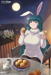 Rule 34 | 1girl, absurdres, animal ears, armchair, balcony, black pantyhose, blunt bangs, blush, breasts, chair, city lights, closed eyes, closed mouth, copyright name, copyright notice, cowboy shot, cup, dress, flower, food, food on face, full moon, fur sweater, glass table, gold osmanthus, green hair, hands up, highres, holding, holding food, large breasts, leaf, light particles, logo, long hair, maple leaf, mid-autumn festival, millennium tour, moon, mooncake, nanav, night, night sky, official art, on chair, osmanthus, pantyhose, plate, rabbit ears, round table, sidelocks, sitting, sky, smile, solo, sparkle, steam, sweater, sweater dress, table, teacup, teapot, very long hair, white sweater, yellow flower