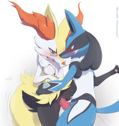 Rule 34 | 1boy, 1girl, absurdres, alternate color, alternate shiny pokemon, animal ear fluff, animal ears, animal hands, animal nose, animal penis, aqua-framed eyewear, arm up, artist name, black fur, blue fur, blush, body fur, braixen, breasts, clitoral hood, clitoris, commission, creatures (company), dated, erection, eryz, fang, fox ears, fox girl, fox tail, from side, furaffinity username, furry, game freak, gen 4 pokemon, gen 6 pokemon, glasses, half-closed eyes, hand up, hetero, highres, interspecies, knotted penis, leg up, looking down, lucario, medium breasts, motion lines, nintendo, no nipples, nose blush, open mouth, pawpads, penis, pince-nez, pokemon, pokemon (creature), pokephilia, profile, pussy, pussy juice, red eyes, semi-rimless eyewear, sex, signature, simple background, snout, spikes, spread legs, standing, standing sex, tail, twitter username, uncensored, vaginal, veins, veiny penis, waist grab, watermark, white background, white fur, wolf boy, wolf ears, wolf tail, yellow fur