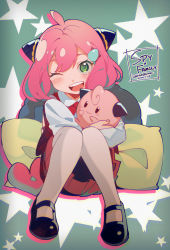 Rule 34 | 1girl, ;d, absurdres, ahoge, anya (spy x family), black footwear, character doll, child, clefairy, collared shirt, copyright name, creatures (company), dated, doll, eromkk, full body, game freak, gen 1 pokemon, green background, green eyes, hair ornament, hairclip, hairpods, highres, holding, holding doll, knees up, long sleeves, looking at viewer, mary janes, nintendo, one eye closed, open mouth, panties, pantyhose, pink hair, pokemon, red skirt, shirt, shoes, short hair, signature, sitting, skirt, smile, solo, spy x family, star (symbol), twitter username, underwear, white panties