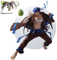 Rule 34 | 1boy, abs, bandages, barefoot, blue eyes, blue hair, brown jacket, brown pants, coconut, english text, fighting stance, full body, highres, humanization, jacket, jacket on shoulders, looking to the side, motion blur, muscular, muscular male, navel, open clothes, open jacket, original, pants, reference inset, rinotuna, sarashi, scar, scar on chest, shade, solo, white background