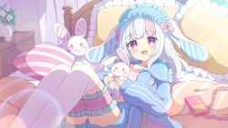 Rule 34 | 1girl, animal ears, ascot, bed, blunt bangs, blurry, blush, bow, bridal garter, chain, commission, depth of field, frilled pillow, frills, game console, hairband, handheld game console, highres, holding, holding stuffed toy, jacket, long hair, looking at viewer, multicolored hair, open clothes, open jacket, open mouth, original, pillow, pink hair, purple eyes, rabbit ears, rabbit girl, shorts, sidelocks, sitting, skeb commission, smile, solo, stuffed animal, stuffed rabbit, stuffed toy, thighhighs, two-tone hair, tyomimas, variant set, white hair