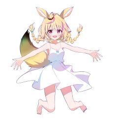 Rule 34 | 1girl, absurdres, alternate costume, alternate hairstyle, animal ear fluff, animal ears, bare legs, bare shoulders, barefoot, black hair, blonde hair, blue nails, blush, braid, breasts, cleavage, dress, epilogue in the attic (hololive), fox ears, fox girl, fox tail, full body, heart, heart-shaped pupils, highres, hololive, ichijo rei, looking at viewer, medium breasts, medium hair, multicolored hair, nail polish, official art, omaru polka, open mouth, outstretched arms, pink hair, sidelocks, simple background, sleeveless, sleeveless dress, smile, solo, spaghetti strap, spread arms, streaked hair, symbol-shaped pupils, tachi-e, tail, toenail polish, toenails, twin braids, twintails, virtual youtuber, white background, white dress