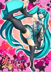 Rule 34 | 1girl, aqua eyes, aqua hair, detached sleeves, electric guitar, female focus, fender stratocaster, full body, guitar, halftone, halftone background, hatsune miku, headphones, high kick, highres, hiyohiyo, instrument, kicking, legs, long hair, open mouth, panties, pantyshot, skirt, solo, striped clothes, striped panties, thighhighs, twintails, underwear, very long hair, vocaloid