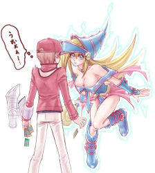 Rule 34 | 1boy, 1girl, arrow (symbol), bare legs, bare shoulders, baseball cap, blonde hair, blue eyes, blue footwear, blush, boots, breasts, cape, card, choker, cleavage, curious, curvy, dark magician girl, detached sleeves, duel disk, duel monster, eye contact, floating card, flipped hair, from behind, full body, gem, hair between eyes, hat, hisigata, holding, holding card, jewelry, knee boots, konami-kun, large breasts, leaning forward, leg lift, long hair, looking at another, magical girl, neck ring, off shoulder, osiris red uniform, outline, pants, pleated skirt, shiny skin, showgirl skirt, sidelocks, simple background, skirt, sparkle, surprised, translated, very long hair, wand, white background, witch hat, wizard hat, yu-gi-oh!, yu-gi-oh! duel monsters, yu-gi-oh! gx, yu-gi-oh! gx tag force, yu-gi-oh! tag force, yu-gi-oh (card)