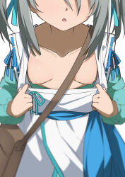 Rule 34 | 1girl, bag, blue ribbon, blush, breast focus, breasts, breasts out, collarbone, facing viewer, female focus, grey hair, hair ribbon, head out of frame, highres, morisobo, nipples, oda nobuna no yabou, ribbon, shoulder bag, simple background, small breasts, solo, takenaka hanbee (oda nobuna no yabou), twintails, white background