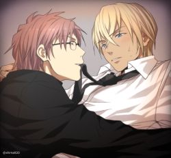 Rule 34 | 2boys, amuro tooru, biting, biting clothes, black neckwear, black shirt, blonde hair, blush, brown hair, closed eyes, collared shirt, commentary request, couple, dark-skinned male, dark skin, facing another, glasses, gradient background, hair between eyes, looking at another, male focus, mashima shima, meitantei conan, multiple boys, necktie, okiya subaru, parted lips, shirt, simple background, sweat, twitter username, upper body, white shirt, yaoi