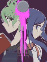 Rule 34 | 1boy, 1girl, 345 myk, absurdres, amami rantaro, ball, blood, blue hair, book, bow, bowtie, brown footwear, collared shirt, danganronpa (series), danganronpa v3: killing harmony, from side, glasses, green eyes, green hair, grey shirt, hair between eyes, highres, jacket, jewelry, long hair, necklace, open clothes, open jacket, pink blood, red bow, red bowtie, round eyewear, shirogane tsumugi, shirt, sideways glance, spoilers, striped clothes, striped shirt