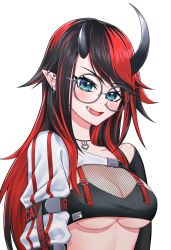 Rule 34 | 1girl, arm strap, bikini, black bikini, black hair, blue eyes, blush, breasts, commentary, demon girl, demon horns, ear piercing, fishnet top, fishnets, glasses, grey-framed eyewear, highres, horns, jacket, jewelry, large breasts, long hair, looking at viewer, multicolored hair, nanashi inc., necklace, official alternate costume, open mouth, outause, piercing, pointy ears, red hair, round eyewear, ryugasaki rene, ryugasaki rene (2nd costume), shrug (clothing), simple background, single sleeve, smile, solo, striped clothes, striped jacket, sugar lyric, swimsuit, two-tone hair, underboob, upper body, virtual youtuber, white background, white jacket