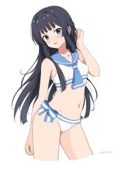 Rule 34 | 1girl, armpits, black hair, blue eyes, blush, breasts, collarbone, cropped legs, dated, half updo, highres, idolmaster, idolmaster million live!, long hair, looking at viewer, miso (misomiso 154), mogami shizuka, navel, sailor bikini, sailor collar, sailor swimsuit (idolmaster), simple background, small breasts, solo, stomach, sweatdrop, very long hair, white background