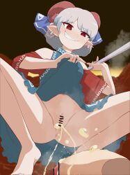 Rule 34 | 1girl, absurdres, anus, bar censor, censored, clothes lift, grin, happy peeing, highres, horns, medium hair, no panties, pee, peeing, golden shower, peeing on penis, pointy ears, pussy, red eyes, skirt, skirt lift, smile, squatting, steam, touhou, toutetsu yuuma