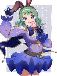 Rule 34 | 1girl, :q, animal ears, blue bow, blue bowtie, blue dress, blue gloves, bow, bowtie, breasts, candy, cleavage, closed mouth, commentary request, cowboy shot, dress, fake animal ears, food, frilled sleeves, frills, gloves, gradient dress, green hair, highres, hohohoi, lollipop, long hair, looking at viewer, medium breasts, purple dress, purple eyes, rabbit ears, ragnarok online, ragnarok origin, smile, solo, tongue, tongue out