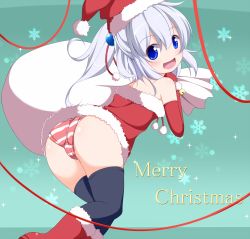 Rule 34 | 1girl, :d, ass, bell, black thighhighs, blue eyes, blush, elbow gloves, female focus, gloves, hat, long hair, md5 mismatch, merry christmas, mononobe no futo, nikku (ra), open mouth, panties, ponytail, sack, santa hat, silver hair, smile, solo, sparkle, striped clothes, striped panties, thighhighs, touhou, underwear