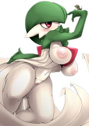 Rule 34 | 1girl, absurdres, arm behind back, arm up, ashraely, black eyes, blush, bob cut, breasts, caterpie, caterpillar, clitoral hood, clitoris, colored skin, creatures (company), female focus, game freak, gardevoir, gen 1 pokemon, gen 3 pokemon, green hair, green skin, groin, hair over one eye, highres, huge breasts, large areolae, light blush, looking at another, looking up, multicolored skin, navel, nintendo, nipples, parted lips, pokemon, pokemon (creature), pussy, red eyes, short hair, simple background, solo focus, stomach, teeth, thick thighs, thighs, two-tone skin, white background, white skin, wide hips
