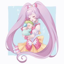 Rule 34 | 2girls, :d, ahoge, baby, bare shoulders, bow, closed eyes, cropped legs, detached sleeves, dress, facing viewer, finger sucking, green hair, hair bow, headphones, holding baby, idol clothes, jewlie (pripara), long hair, long sleeves, manaka laala, motherly, multicolored clothes, multicolored dress, multiple girls, music, musical note, nanceee 305, nursing, onesie, open mouth, pink bow, pretty series, pripara, puffy detached sleeves, puffy sleeves, purple hair, short hair, singing, smile, standing, twintails, very long hair, wrist bow