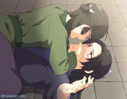 Rule 34 | 1boy, 1girl, androgynous, black hair, blush, chinese clothes, covering another&#039;s mouth, eye contact, girl on top, green hanfu, hand on another&#039;s mouth, hand up, hanfu, highres, hongdan, jinshi (kusuriya no hitorigoto), kusuriya no hitorigoto, long hair, long sleeves, looking at another, lying, maomao (kusuriya no hitorigoto), medium hair, multi-tied hair, on back, on floor, open hand, open mouth, purple eyes, purple hanfu, sunlight, sweatdrop, upper body