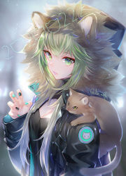 Rule 34 | 1girl, animal, animal ears, animal on shoulder, atalanta (fate), bad id, bad twitter id, black jacket, black nails, black shirt, blonde hair, blush, breasts, cat, cat ears, cat on shoulder, cleavage, dated, fate/apocrypha, fate (series), gradient hair, green eyes, green hair, green nails, hand up, hood, hooded jacket, jacket, long hair, looking at viewer, miyuki ruria, multicolored hair, nail polish, open mouth, shirt, solo, twitter username, two-tone hair