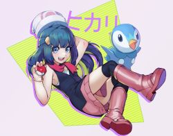 Rule 34 | 1girl, arm behind head, arm up, armpit crease, beanie, black shirt, black socks, blue eyes, blue hair, blush, boots, bracelet, breasts, character name, creatures (company), dawn (pokemon), dutch angle, full body, game freak, gen 4 pokemon, hair ornament, hairclip, hand up, hat, highres, holding, jewelry, k-rha&#039;s, katakana, kneehighs, long hair, looking at viewer, lying, nintendo, on back, open mouth, pink footwear, pink scarf, pink skirt, piplup, poke ball, poke ball print, pokemon, pokemon dppt, scarf, shiny clothes, shirt, sidelocks, skirt, sleeveless, sleeveless shirt, small breasts, socks, teeth, thighhighs, thighs, translated, upper teeth only, white headwear