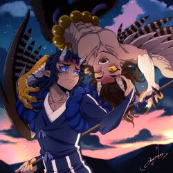 Rule 34 | 2boys, abs, aizetsu (kimetsu no yaiba), animal feet, animal hands, artist name, beads, bird wings, black nails, blue eyes, blue hair, blue sclera, bridal gauntlets, brown hair, brown wings, claws, closed mouth, colored sclera, dark-skinned male, dark skin, demon boy, fangs, feathered wings, fingernails, flying, grey horns, hand in another&#039;s hair, hand up, hands up, harpy boy, highres, holding, holding polearm, holding weapon, horns, japanese clothes, kimetsu no yaiba, long fingernails, long hair, long sleeves, looking at another, male focus, mamimume momo, monster boy, mountain, mountainous horizon, multiple boys, no shirt, one eye closed, open mouth, outdoors, pointy ears, polearm, rope, shimenawa, signature, standing, talons, tassel, tasuki, text in eyes, text in mouth, toned, toned male, upside-down, urogi (kimetsu no yaiba), veins, weapon, wings, yellow eyes, yellow sclera