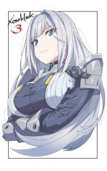 Rule 34 | 1girl, armor, blue eyes, border, breasts, copyright name, cropped torso, crossed arms, ethel (xenoblade), from below, gloves, grey gloves, grey hair, highres, large breasts, long hair, pauldrons, shoulder armor, showhey!!, white background, xenoblade chronicles (series), xenoblade chronicles 3