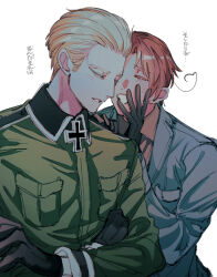 Rule 34 | 2boys, ahoge, axis powers hetalia, black gloves, blonde hair, blush, breast pocket, brown shirt, closed eyes, collared jacket, collared shirt, cross, crossed arms, germany (hetalia), gloves, greek cross, green jacket, grey jacket, hand on another&#039;s shoulder, hand up, highres, iron cross, jacket, lapels, long sleeves, male focus, military uniform, multiple boys, naotin3333, open mouth, orange hair, parted lips, pocket, shirt, short hair, simple background, southern italy (hetalia), translation request, uniform, upper body, whispering, whispering in ear, white background