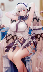 Rule 34 | 3girls, armpits, arms up, artist name, azur lane, blurry, blush, breasts, chain, choker, closed mouth, clothing cutout, depth of field, feet out of frame, formidable (azur lane), formidable (timeless classics) (azur lane), grey hair, hachimitsu hinako, hair ornament, highres, large breasts, long hair, looking at viewer, multiple girls, navel, navel cutout, official alternate costume, red eyes, school uniform, see-through, serafuku, sitting, sleeveless, smile, solo focus, thighs, twintails, veil, very long hair