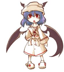 Rule 34 | 1girl, :o, aged down, bat wings, bathrobe, beanie, blood, blood on clothes, blood on face, blue hair, blush, female focus, hat, head wings, looking up, nightcap, non-web source, open mouth, red eyes, remilia scarlet, sayakata katsumi, short hair, simple background, slippers, solo, touhou, wings
