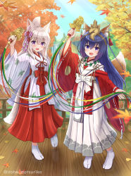 Rule 34 | 2girls, :d, absurdres, animal ear fluff, animal ears, arm up, autumn leaves, bell, blue hair, blue sky, commentary request, day, fang, folded ponytail, fox ears, fox girl, fox tail, grey hair, hair between eyes, hakama, hakama skirt, highres, holding, iroha (iroha matsurika), japanese clothes, jingle bell, kagura suzu, kimono, koyoi (iroha (iroha matsurika)), leaf, long sleeves, maple leaf, miko, multiple girls, no shoes, open mouth, original, outdoors, purple eyes, red hakama, red kimono, ribbon-trimmed sleeves, ribbon trim, skirt, sky, smile, socks, standing, standing on one leg, tabi, tail, twitter username, white hakama, white kimono, white socks, wide sleeves
