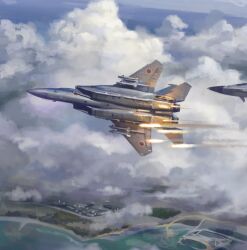 Rule 34 | aim-120 amraam, aim-9 sidewinder, air-to-air missile, aircraft, airplane, cloud, cloudy sky, f-15, f-15 eagle, fighter jet, flares (countermeasure), highres, japan air self-defense force, japan self-defense force, jeffholy, jet, military, military vehicle, ocean, original, roundel, sky