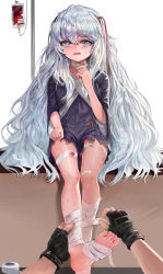 Rule 34 | 1girl, 1other, bandaged foot, bandaged leg, bandages, bandaid, bandaid on knee, bandaid on leg, black gloves, blood, blood bag, bloody bandages, blue dress, commentary request, crying, crying with eyes open, dokomon, dress, fingerless gloves, girls&#039; frontline, gloves, hair between eyes, highres, korean commentary, long hair, open mouth, ribeyrolles (girls&#039; frontline), sad, silver hair, sitting, tears, torn clothes, torn dress, wavy hair