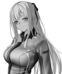 Rule 34 | 1girl, 3 small spiders, ak-12 (girls&#039; frontline), blush, braid, breasts, french braid, girls&#039; frontline, greyscale, highres, jacket, large breasts, long hair, long sleeves, looking at viewer, monochrome, open mouth, ribbon, sidelocks, simple background, solo, squinting, white background