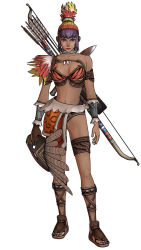 Rule 34 | 1girl, animal print, arrow (projectile), artist request, asymmetrical clothes, bow (weapon), bra, brown footwear, dark-skinned female, dark skin, expressionless, hat, holding, holding mask, level-5, lilika, looking at viewer, mask, official art, purple hair, quiver, rogue galaxy, sandals, solo, standing, tiger print, toenails, underwear, weapon, white background