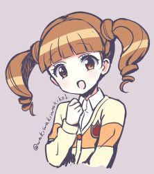 Rule 34 | 1girl, :d, absurdres, blunt bangs, blush, brown background, brown eyes, brown hair, cardigan, collared shirt, commentary request, copyright request, cropped torso, hand up, highres, long sleeves, neki (wakiko), onegai my melody, open mouth, ringlets, sanrio, shirt, simple background, sketch, smile, solo, twintails, twitter username, white shirt