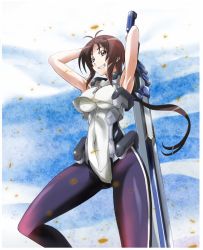 Rule 34 | 1girl, armpits, arms up, bodysuit, breasts, brown hair, kyoukaisenjou no horizon, large breasts, leg up, legs, long hair, long legs, mikage nao, oriotorai makiko, pantyhose, solo, sword, thighs, underboob, weapon