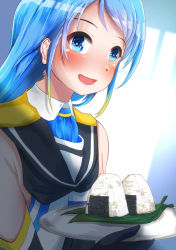 Rule 34 | 1girl, axley, bare shoulders, blue eyes, blue hair, blush, commentary request, elbow gloves, food, gloves, gradient hair, holding, holding food, kantai collection, long hair, looking at viewer, multicolored hair, neckerchief, onigiri, open mouth, personification, plate, sailor collar, samidare (kancolle), school uniform, serafuku, sleeveless, smile, solo, swept bangs, very long hair