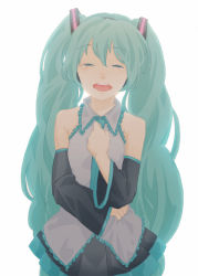 Rule 34 | 1girl, aqua hair, as tru, bloom, clenched hand, closed eyes, detached sleeves, hand on own chest, hatsune miku, long hair, necktie, simple background, skirt, smile, solo, tears, twintails, very long hair, vocaloid, white background