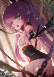 Rule 34 | 1girl, :o, absurdres, ahoge, apple caramel, arms behind back, azur lane, bare shoulders, bdsm, black bow, black skirt, blue eyes, blush, bondage, bound, bound arms, bow, chain, chained, child, collar, collared shirt, from side, hair bow, high-waist skirt, highres, leash, long hair, looking at viewer, no shoes, open mouth, pantyhose, ponytail, purple hair, seiza, shirt, sidelocks, sitting, skirt, slave, solo, suspender skirt, suspenders, sweatdrop, tashkent (azur lane), tashkent (the bound cruiser) (azur lane), teeth, torn clothes, upper teeth only, very long hair, wet, wet clothes, white pantyhose, white shirt