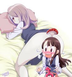 Rule 34 | 2girls, bed, bent over, blush, breasts, brown eyes, brown hair, come hither, excited, futanari, hair over one eye, kagari atsuko, little witch academia, mars symbol, multiple girls, mushroom, on bed, ono toshihiro, pillow, presenting, purple hair, red eyes, saliva, small breasts, smile, spread legs, sucy manbavaran