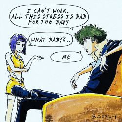 Rule 34 | 1boy, 1girl, bare shoulders, couch, cowboy bebop, d2071, faye valentine, green hair, highres, purple hair, shorts, simple background, sitting, speech bubble, spike spiegel, standing, thighhighs, white background, yellow shorts