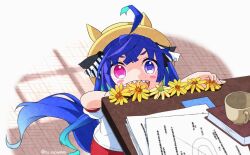 Rule 34 | 1girl, @ @, aged down, ahoge, animal ears, aqua hair, blue eyes, blue hair, blush stickers, book, bow, commentary request, crossed bangs, cup, daisy, flower, gym shirt, hair bow, hat, heterochromia, horse ears, horse girl, horse tail, long hair, mug, multicolored hair, nomako (nomadare), open mouth, paper, pink eyes, sharp teeth, shirt, short sleeves, solo, striped bow, table, tail, teeth, twin turbo (umamusume), twintails, twitter username, two-tone hair, umamusume
