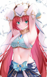 Rule 34 | 1girl, absurdres, aqua eyes, armpits, arms behind head, arms up, blue bow, blush, bow, breasts, brooch, cowboy shot, crop top, dancer, detached sleeves, genshin impact, gold trim, harem outfit, highres, horns, impossible clothes, jewelry, long hair, looking at viewer, medium breasts, navel, neck ring, nilou (genshin impact), parted lips, red hair, simple background, skirt, solo, stomach, usagi (786113654), veil, vision (genshin impact), water, white background, white sleeves