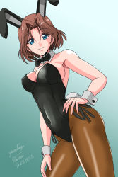 Rule 34 | 1girl, animal ears, arched back, artist name, azumi (girls und panzer), black bow, black bowtie, black leotard, black pantyhose, blue eyes, bow, bowtie, breasts, brown hair, cleavage, closed mouth, collar, commentary, covered navel, cowboy shot, dated, detached collar, fake animal ears, fake tail, girls und panzer, gradient background, green background, hair intakes, hand on own hip, large breasts, leaning forward, leotard, looking at viewer, matsui yasutsugu, one-hour drawing challenge, pantyhose, playboy bunny, rabbit ears, rabbit tail, short hair, side-tie leotard, signature, smile, solo, standing, strapless, strapless leotard, tail, thighs, white collar, wing collar, wrist cuffs