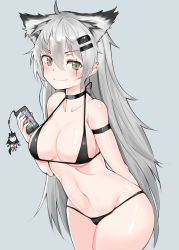 Rule 34 | 1girl, ahoge, animal ears, arknights, arm behind back, arm strap, bad id, bad pixiv id, bikini, black bikini, black choker, blush, breasts, cellphone, choker, collarbone, commentary, cowboy shot, grey background, grey eyes, groin, hair between eyes, hair ornament, hairclip, halterneck, hand up, highres, holding, holding phone, charm (object), lappland (arknights), long hair, looking at viewer, medium breasts, micro bikini, navel, phone, rogi22, scar, scar across eye, scar on face, silver hair, simple background, smartphone, smile, solo, standing, stomach, swimsuit, texas (arknights), very long hair, wolf ears