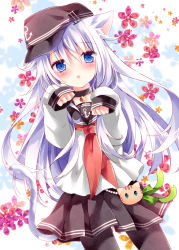 Rule 34 | 10s, 1girl, anchor symbol, animal ears, ascot, bell, blue eyes, blush, cat ears, cat tail, cherry blossoms, clenched hands, collar, collarbone, flat cap, hat, hibiki (kancolle), kantai collection, kemonomimi mode, long hair, long sleeves, looking at viewer, neck bell, neckerchief, nogi takayoshi, pantyhose, paw pose, pleated skirt, school uniform, serafuku, skirt, solo, tail, white hair