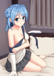 Rule 34 | 1girl, absurdres, barefoot, blue eyes, blue hair, blush, breasts, cleavage, double bun, doughnut hair bun, elbow gloves, gloves, grey skirt, hair bun, hat, headwer removed, highres, indoors, kantai collection, kokenashi, large breasts, long hair, looking at viewer, neckerchief, on bed, pillow, pleated skirt, sailor hat, school uniform, serafuku, single glove, sitting, skirt, sleeves rolled up, smile, solo, swept bangs, urakaze (kancolle), white gloves, white hat, yellow neckerchief