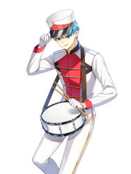 Rule 34 | 1boy, adjusting clothes, adjusting headwear, band uniform, blue eyes, blue hair, buttons, closers, collared jacket, cowboy shot, double-breasted, drumsticks, gloves, hand on headwear, hand up, hat, high collar, highres, holding, holding drumsticks, jacket, leg up, long sleeves, looking at viewer, male focus, marching band, nata (closers), official art, pants, parted lips, shako cap, short hair, single vertical stripe, smile, snare drum, solo, standing, standing on one leg, uniform, v-shaped eyebrows, white background, white gloves, white headwear, white jacket, white pants