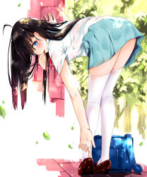 Rule 34 | 1girl, absurdres, adjusting clothes, adjusting shoe, ass, bag, bent over, black hair, blue eyes, blush, bread slice, brown footwear, brown hair, commentary request, day, dema hmw, fingernails, food, food in mouth, from behind, green skirt, hair between eyes, highres, loafers, long fingernails, long hair, looking at viewer, looking back, miniskirt, mouth hold, original, outdoors, pleated skirt, school bag, school uniform, shirt, shoes, short sleeves, shoulder bag, skirt, solo, thighhighs, toast, toast in mouth, white shirt, white thighhighs